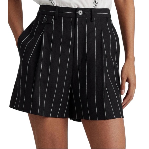 Lauren Ralph Lauren Linen Black Pinstripe Pleated Shorts LRL - Women’s 12 NWT - Picture 2 of 15